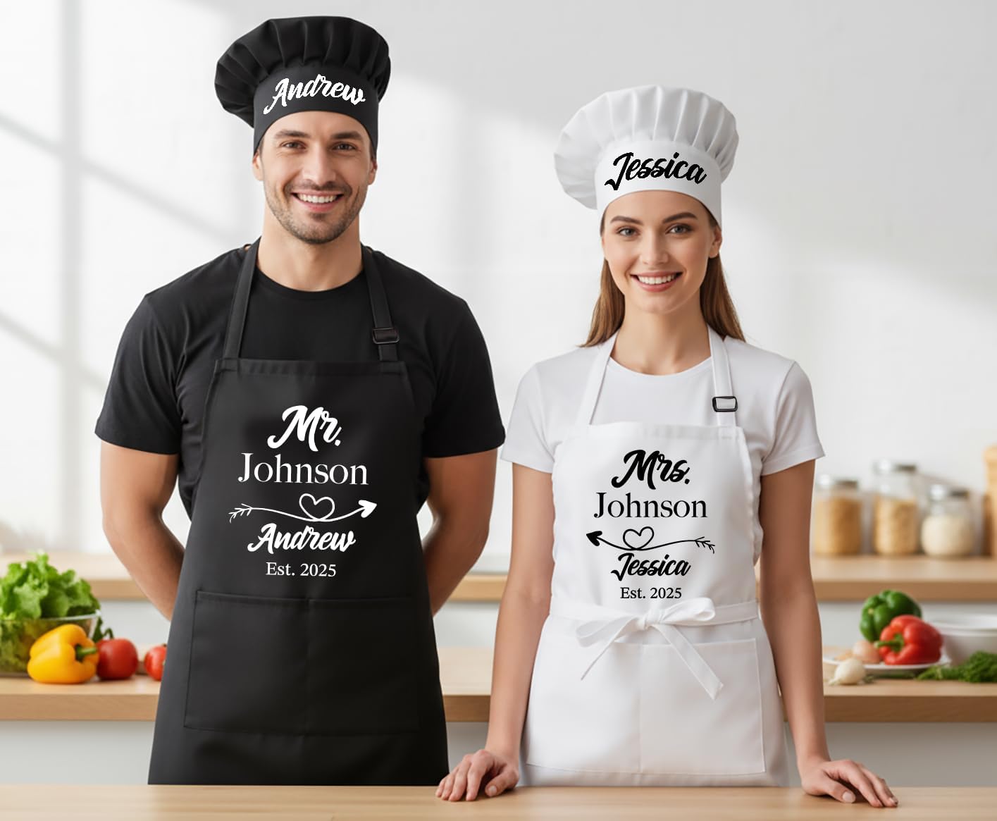 Mr and Mrs Aprons for Couples, Couple Gift for Christmas, Anniversary, Birthday, Valentines Day and Bridal Shower, Custom Wedding Gifts for Couples, Kitchen Cooking Chef Aprons and Chef Hats with Name