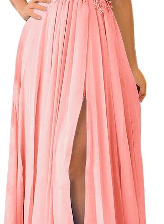 Women's Lace Appliqued Evening Gowns Side Split A-line Prom Dresses Long