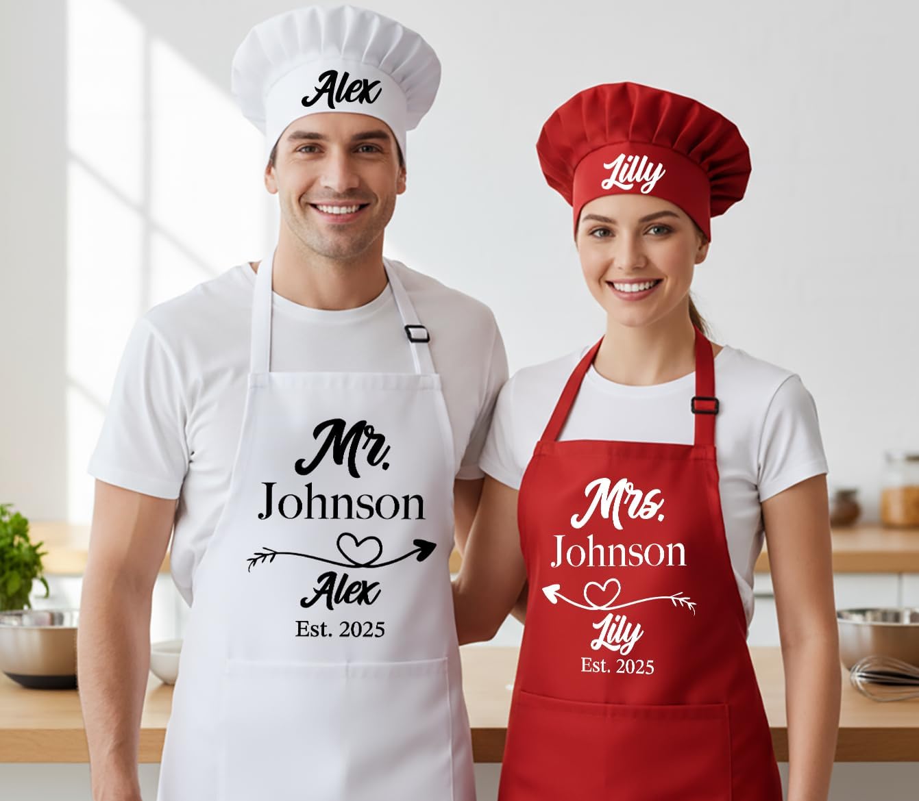 Mr and Mrs Aprons for Couples, Couple Gift for Christmas, Anniversary, Birthday, Valentines Day and Bridal Shower, Custom Wedding Gifts for Couples, Kitchen Cooking Chef Aprons and Chef Hats with Name