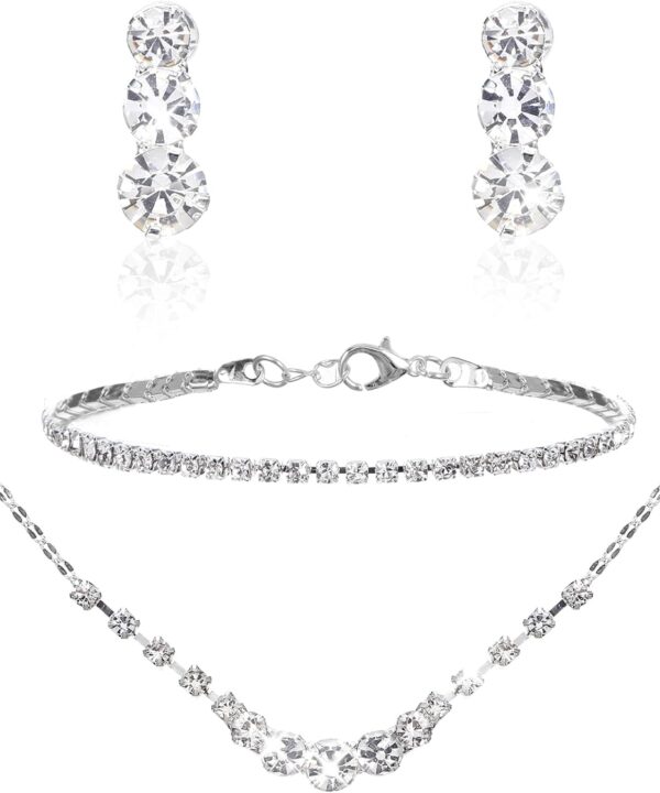 Silver Jewelry Set for Women, Rhinestone Necklace Bracelet Dangle Earrings Set, Crystal Bridal Wedding Party Jewelry Sets for Bride Bridesmaid Formal Costume