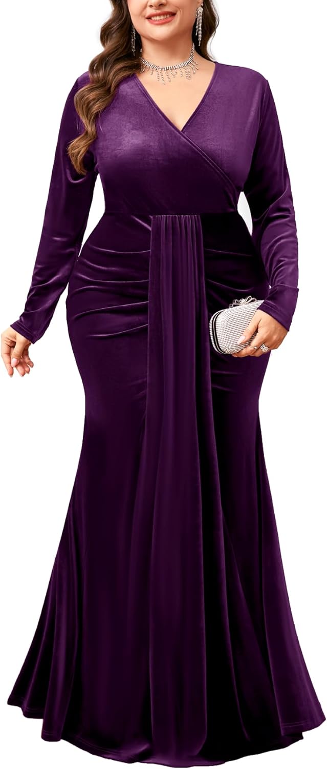 ZOMVA Plus Size Velvet Wrap Dress Long Sleeve V Neck Mermaid Maxi Formal Evening Gowns for Wedding Guest Cocktail Party
