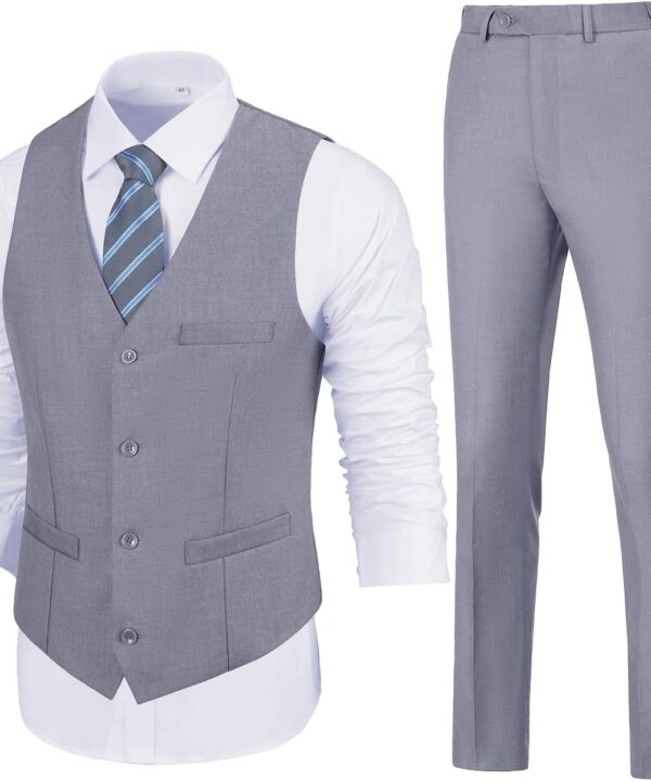 Mens Slim Fit 2 Piece Suit Set V-Neck Solid Dress Suit Vest Pants Wedding Prom Tuxedo for Men