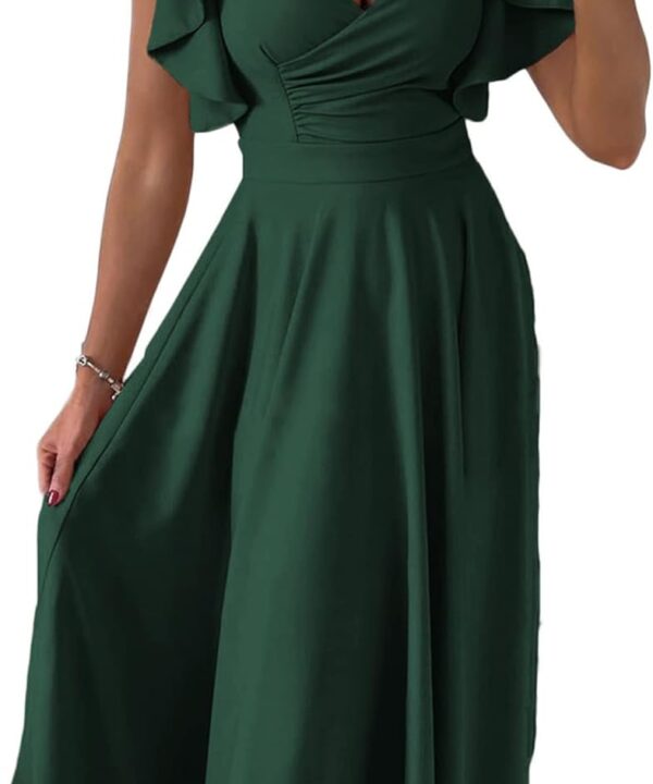 PRETTYGARDEN Summer Midi Dress 2026 Spring Ruffle Sleeve V Neck Cocktail Wedding Guest A Line Fit and Flared Dresses