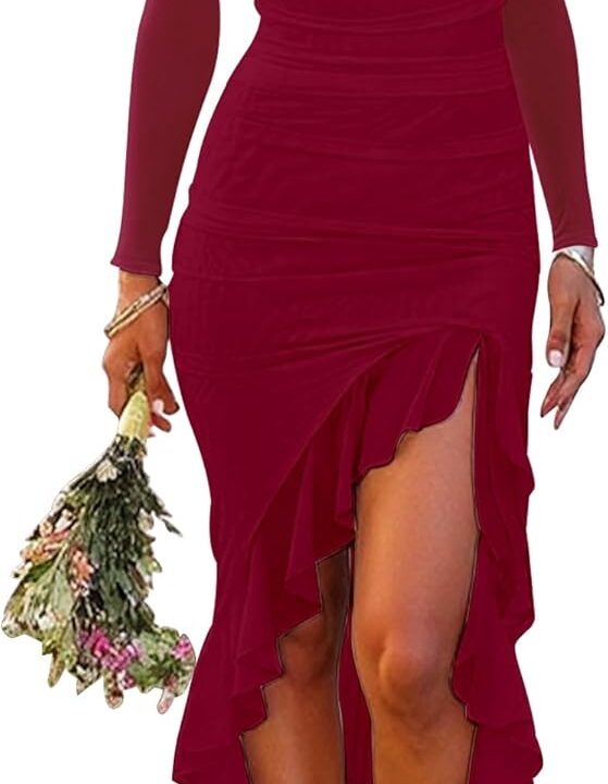 BORIFLORS Women's Ruched Bodycon Maxi Dresses Mesh Long Sleeve Square Neck Ruffle Hem Cocktail Party Dress