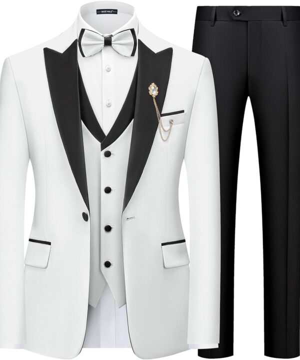 MAGE MALE Mens Suit Slim Fit 3 Piece Tuxedo Suits One Button Wedding Prom Party Dinner Blazer Vest Black Pants Set