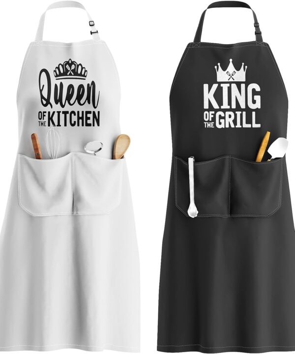 King & Queen Apron Set - Wedding Engagement Gifts for Couples, Funny Kitchen Gifts for Couples, Husband, Wife, Boyfriend, Girlfriend, Him Her, Bridal Shower Gifts, Unique Valentine's Day gifts ideas