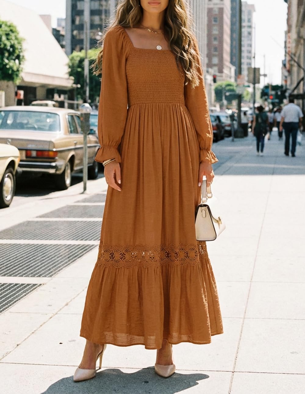 ZESICA Womens 2025 Boho Long Sleeve Square Neck Smocked High Waist Flowy A Line Lace Trim Maxi Dress