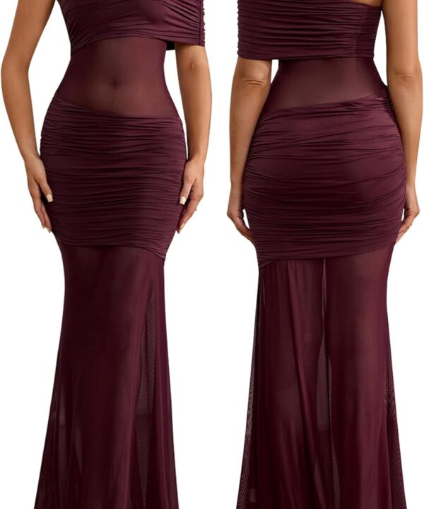 Off Shoulder Bodycon Formal Wedding Guest Maxi Dress Mesh Patchwork Cocktail Dresses for Women 2025 Elegant Classy