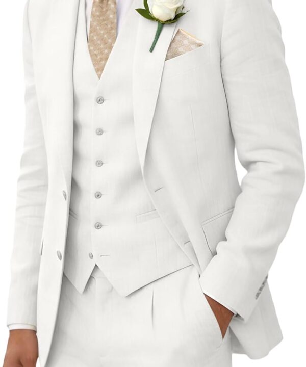 Wehilion Retro Linen Men Suits Beach Wedding Suit Summer Slim Fit 3 Pieces Light Weight Breathable Jacket Vest Pant Tuxedo
