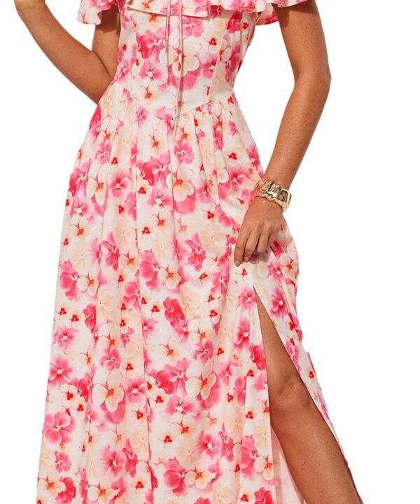 GRACE KARIN 2025 Womens Maxi Dresses Summer Off Shoulder Floral Dress Ruffle Split Beach Flowy Boho Wedding Guest Dress