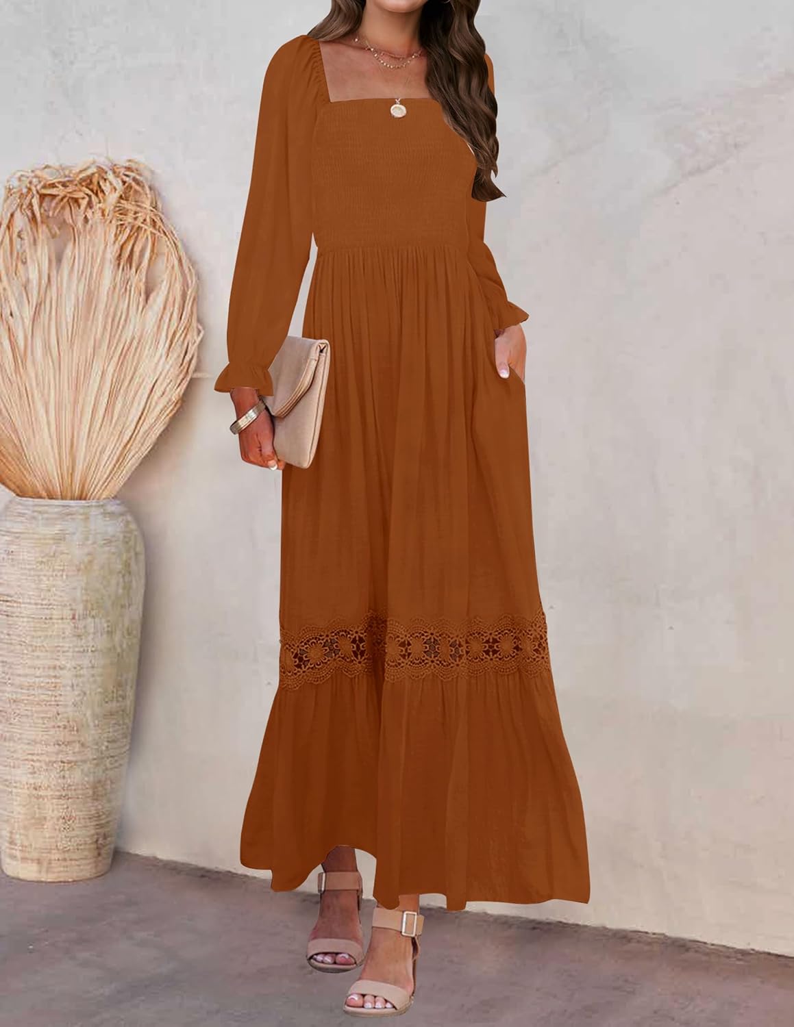 ZESICA Womens 2025 Boho Long Sleeve Square Neck Smocked High Waist Flowy A Line Lace Trim Maxi Dress