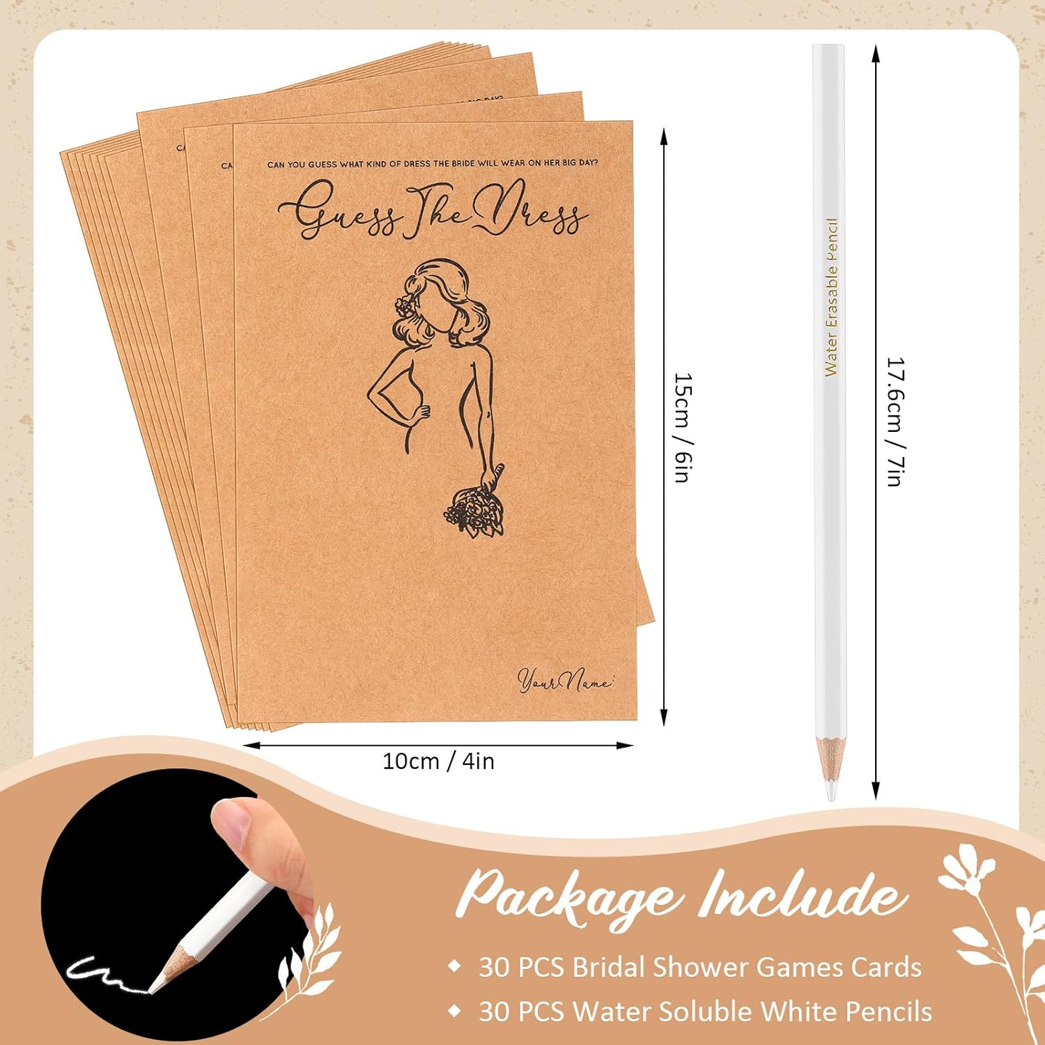 Fulmoon 30 Sets Guess The Dress Bridal Shower Games for Guests Include Wedding Shower Games Cards and Water Soluble Pencils Fun Wedding Decorations Party Ideas Supplies(Brown)