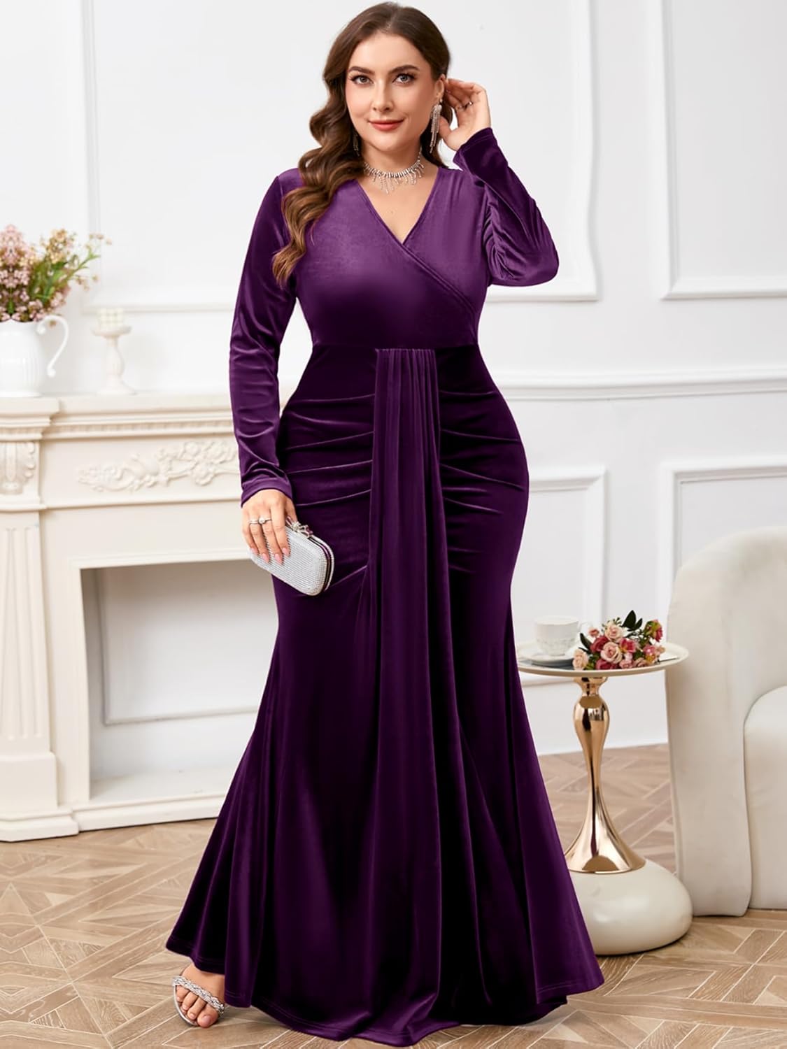 ZOMVA Plus Size Velvet Wrap Dress Long Sleeve V Neck Mermaid Maxi Formal Evening Gowns for Wedding Guest Cocktail Party