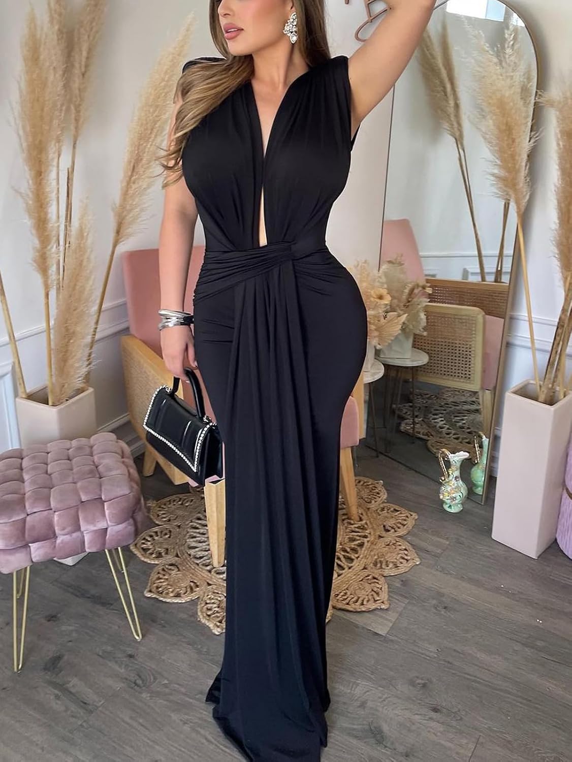 Ekaliy Elegant Bodycon Dresses for Women Deep V Neck Maxi Dress Mermaid Long Dress