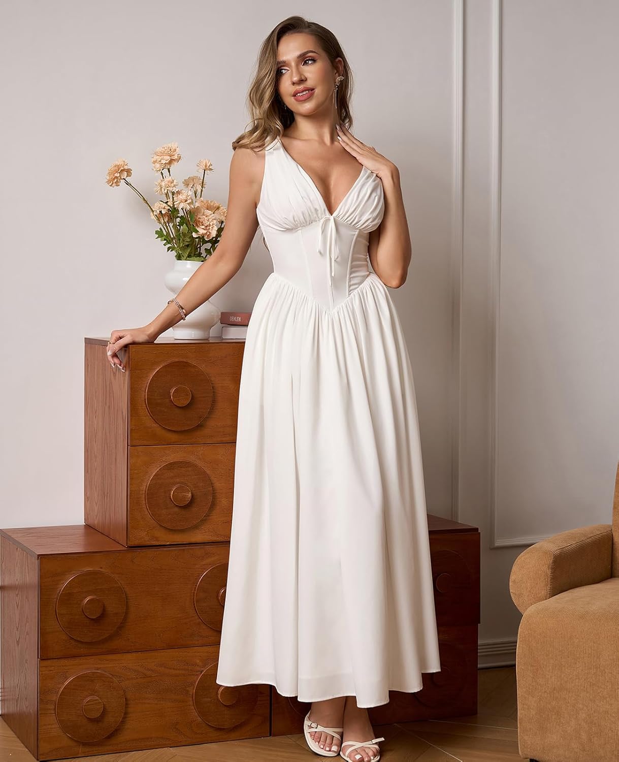 GLNEGE Womens Summer Corset Midi Milkmaid Dress Casual V Neck Flowy A Line Sundress Wedding Guest Dresses with Pockets 2025