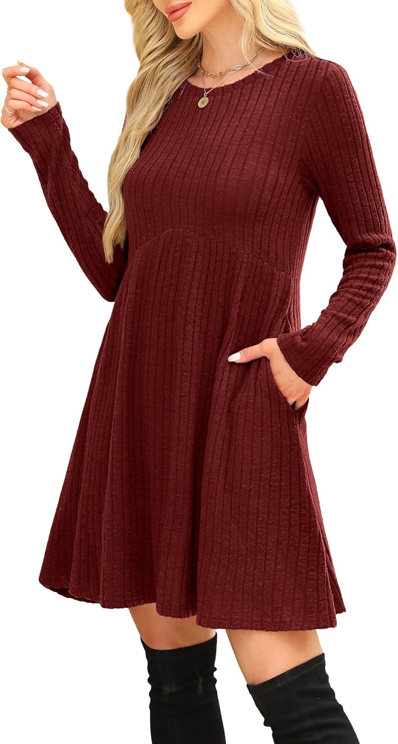 OFEEFAN Long Sleeve Dress for Women Crew Neck Empire Waist Tunic Dress with Pockets