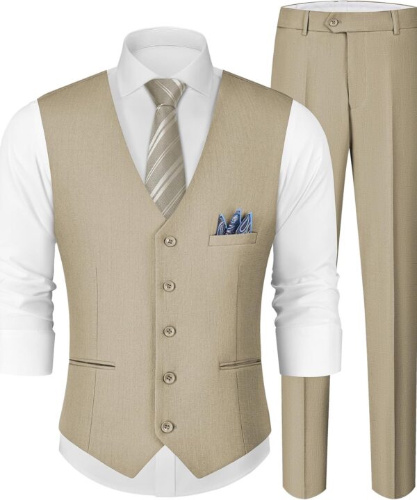 MAGE MALE Men's Linen 2 Piece Suit Slim Fit Wedding Groomsmen Summer Vest Pants Set with Pocket Square