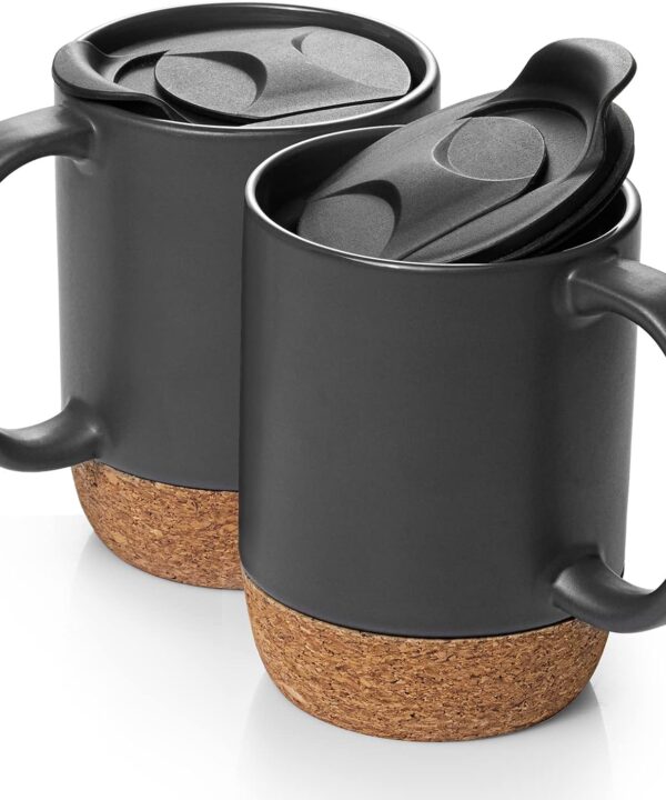 DOWAN Coffee Mugs, 15 oz Mug Set of 2, Large Ceramic Coffee Mug with Cork Bottom and Spill Proof Lid for Mom Dad, Big Mug for Latte Tea, Matte Grey