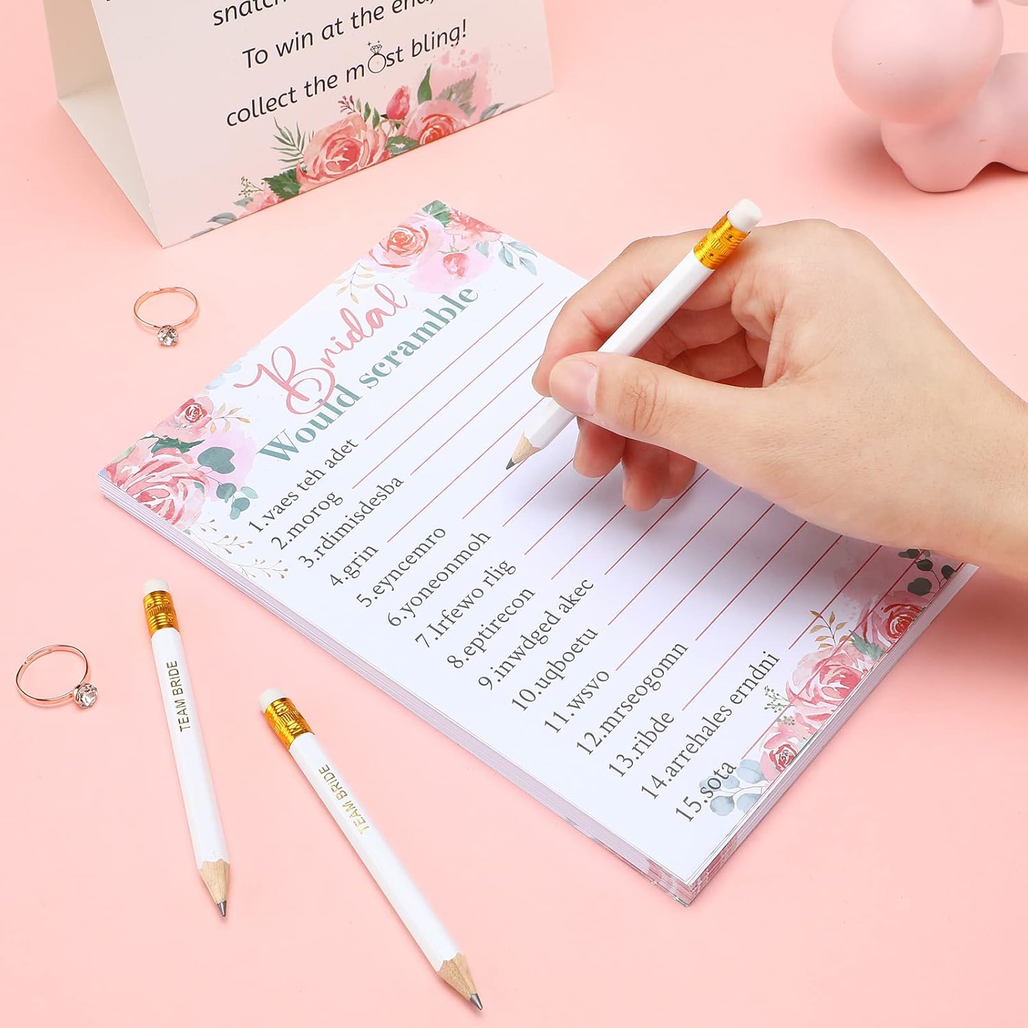 Sosation 331 Pcs Bridal Shower Games Supplies, 5 Sets (50 Cards Each) Wedding Games Cards, 1 Put a Ring on It Bridal Shower Game with 60 Rings and 20 Team Pencils for Wedding Engagement