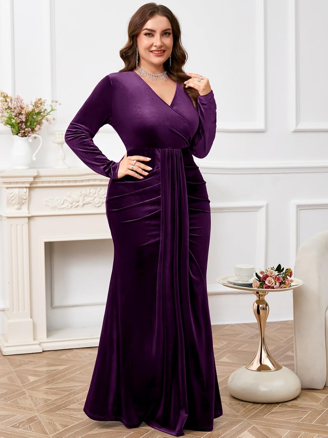 ZOMVA Plus Size Velvet Wrap Dress Long Sleeve V Neck Mermaid Maxi Formal Evening Gowns for Wedding Guest Cocktail Party