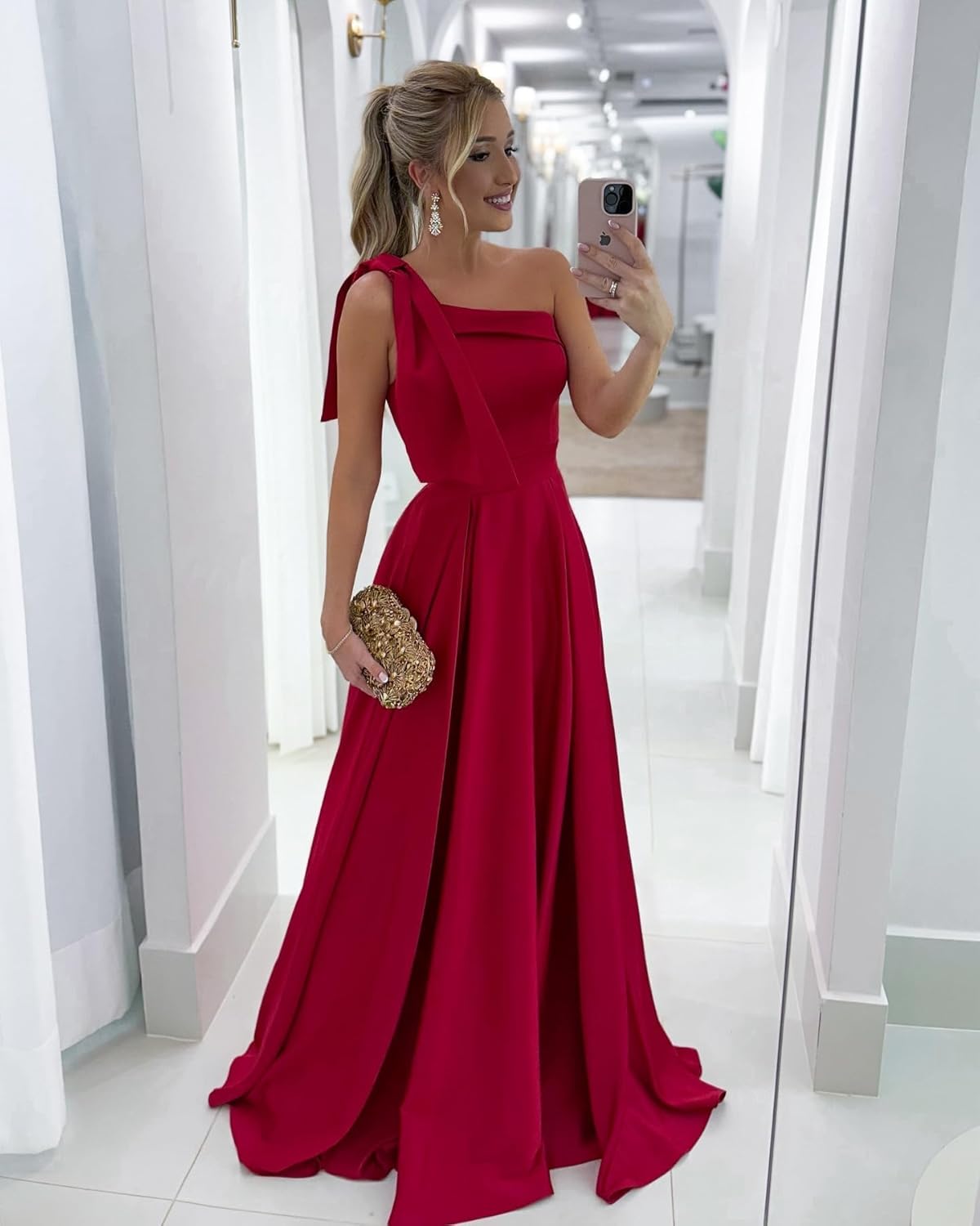 One Shoulder Bridesmaid Dresses Ruffles Satin Prom Formal Gowns A Line Wedding Guest Dress with Pockets