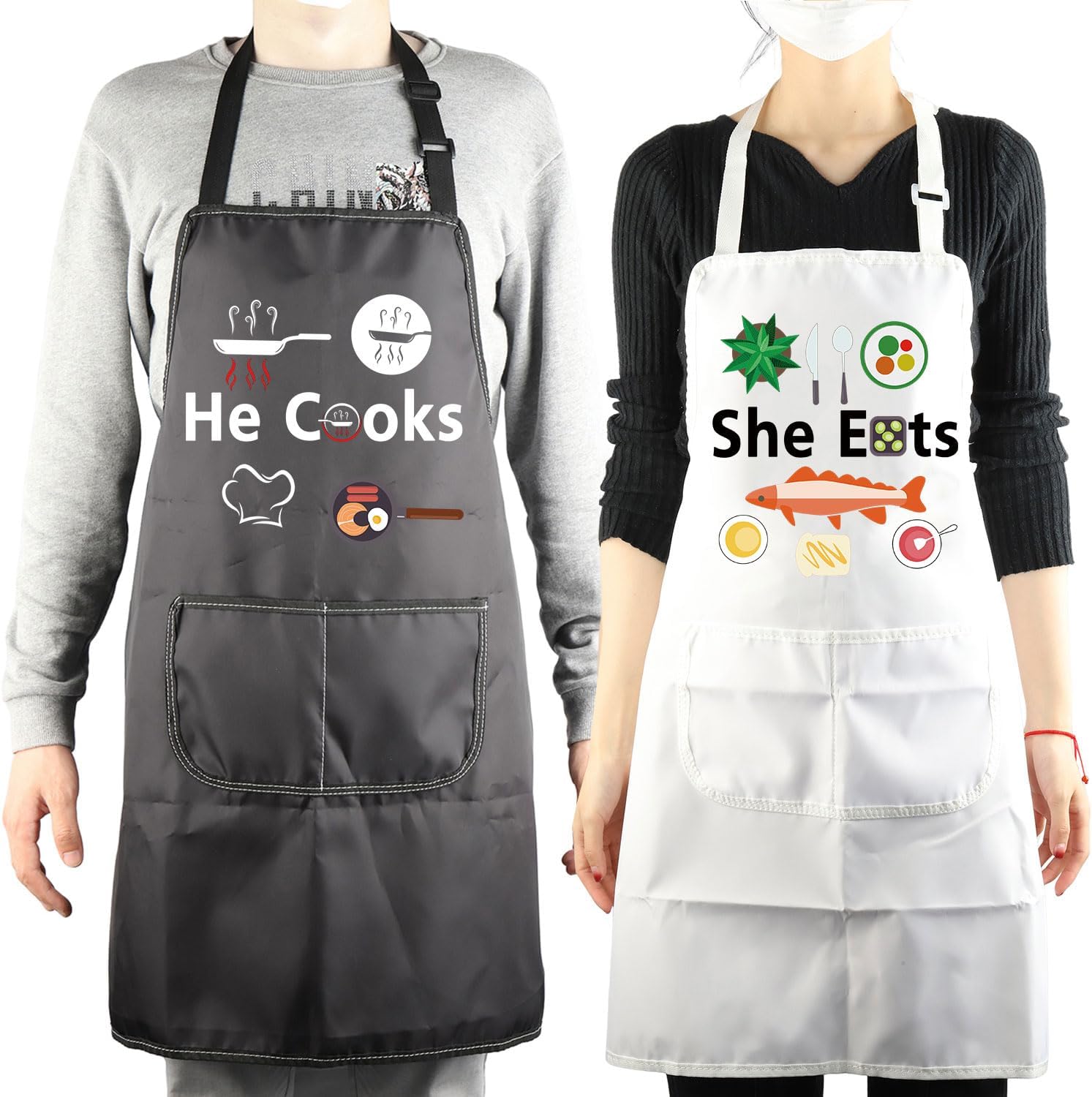 MBMSO Couples Matching Gifts He Cooks She Eats Funny Couples Apron Wedding Gift for Husband Wife Mr Mrs His and Hers Apron