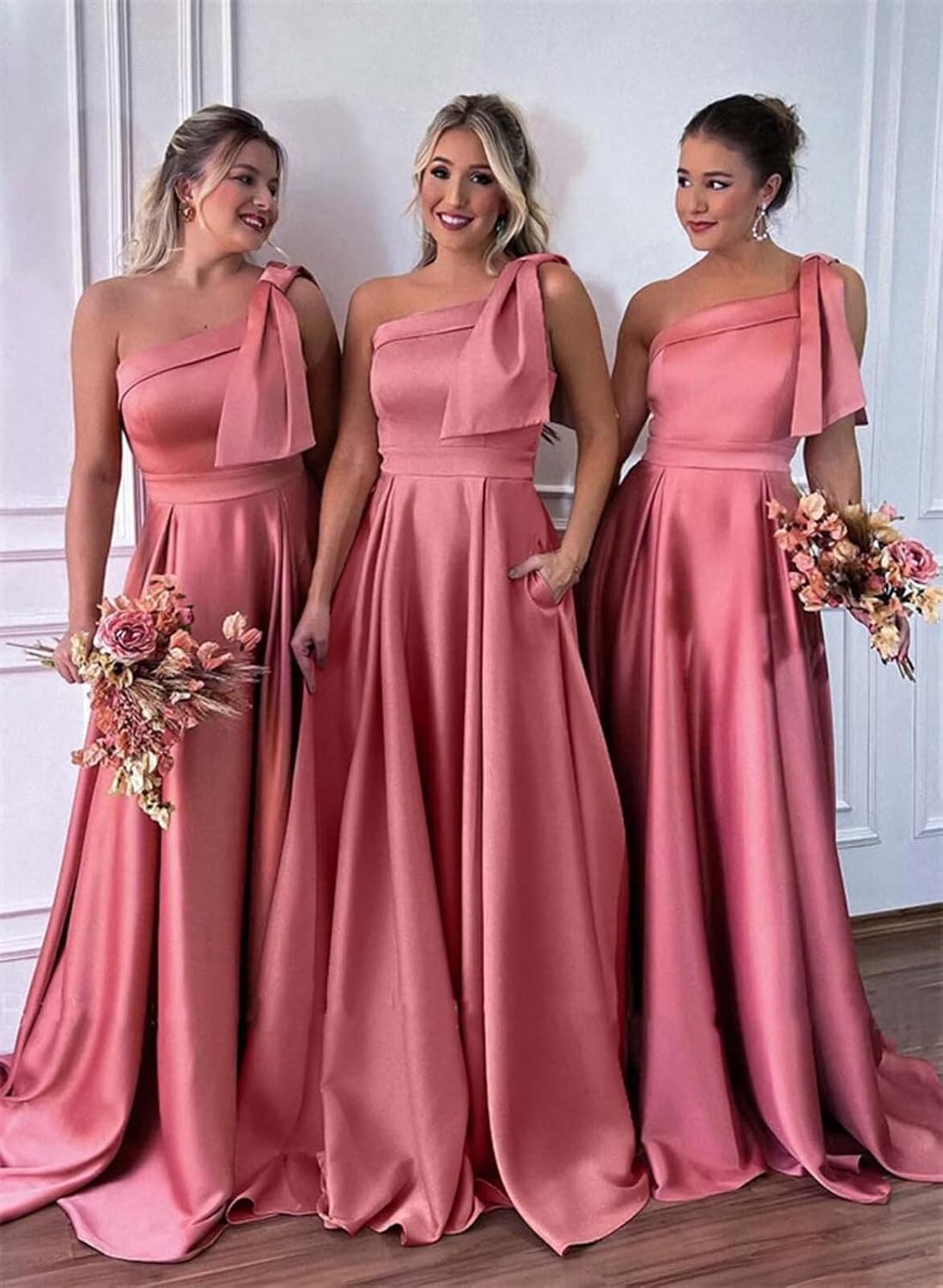 One Shoulder Bridesmaid Dresses Ruffles Satin Prom Formal Gowns A Line Wedding Guest Dress with Pockets