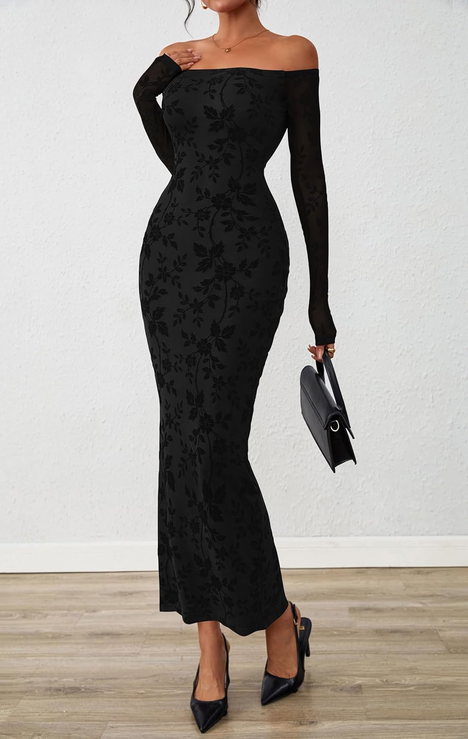 PRETTYGARDEN Womens Off The Shoulder Floral Maxi Bodycon Dress Fall Long Sleeve Mesh Fitted Long Formal Wedding Guest Dresses