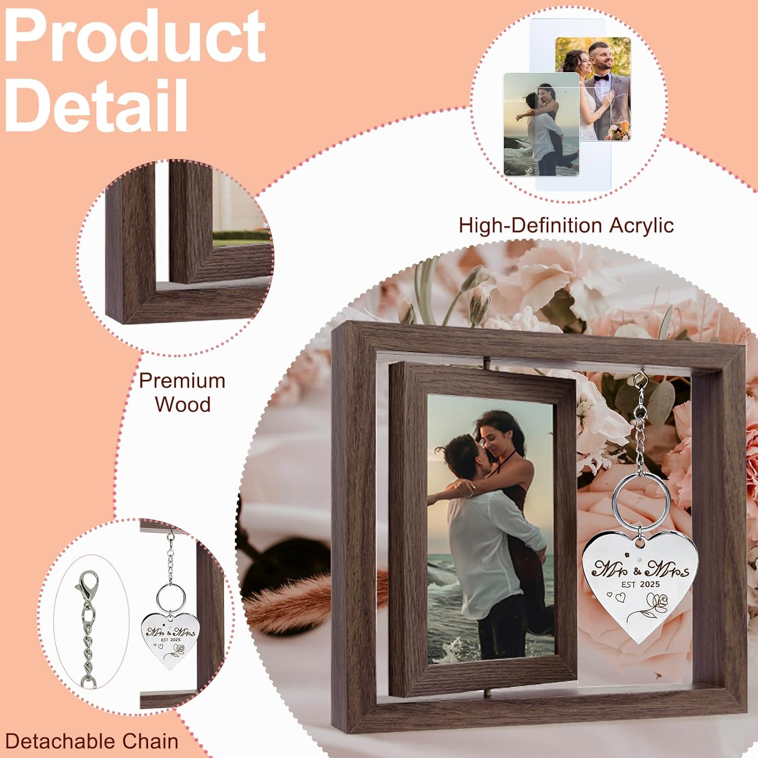 Wedding Gifts for Couples 2025,Rotating Floating Mr and Mrs Picture Frame,4×6 Rustic Picture Frame Engagement Gifts for Couples,Bridal Shower Gift for Bride to Be