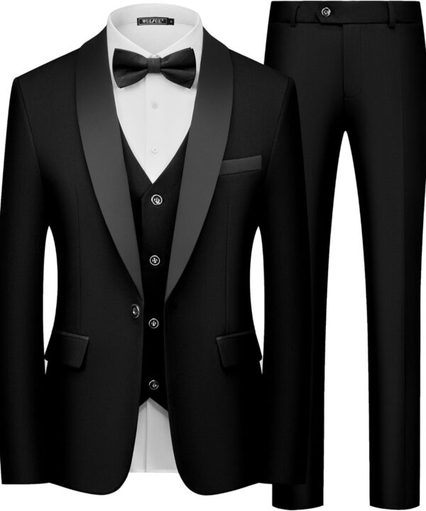 WULFUL Men's 3 Piece Suits Slim Fit Tuxedo Suit Set One Button Shawl Lapel Blazer Jacket Vest Pants Set for Prom, Business