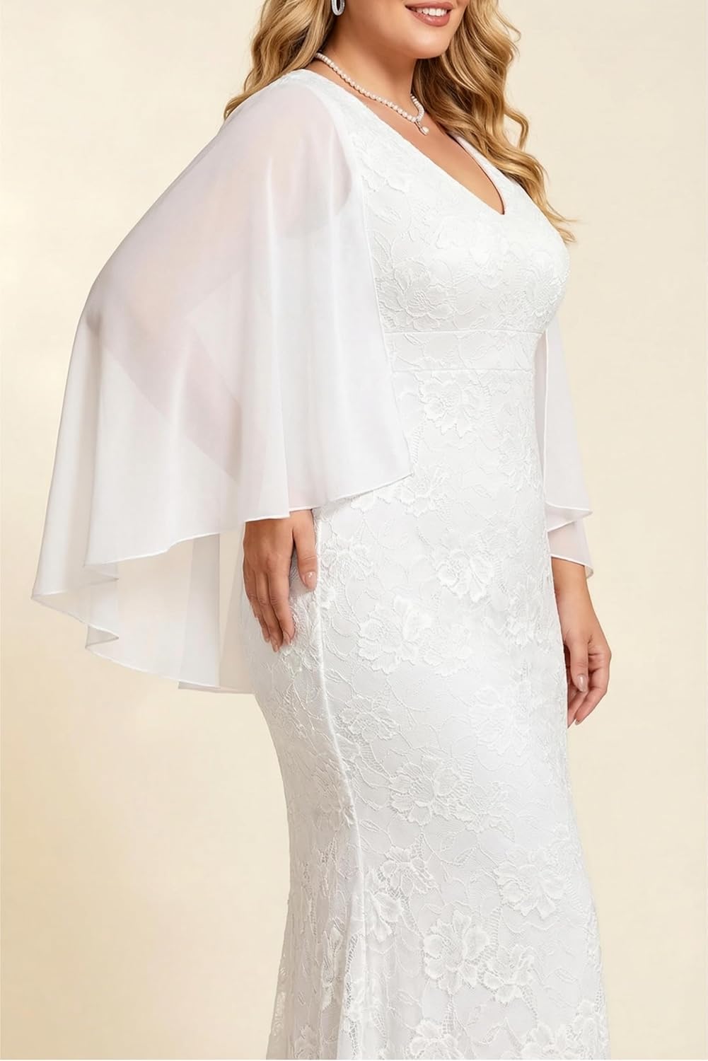 Plus Size Formal Dresses – Chiffon Capelet Ruffle Sleeves V Neck Lace Mermaid Evening Gown Prom Long Maxi Dresses 2025