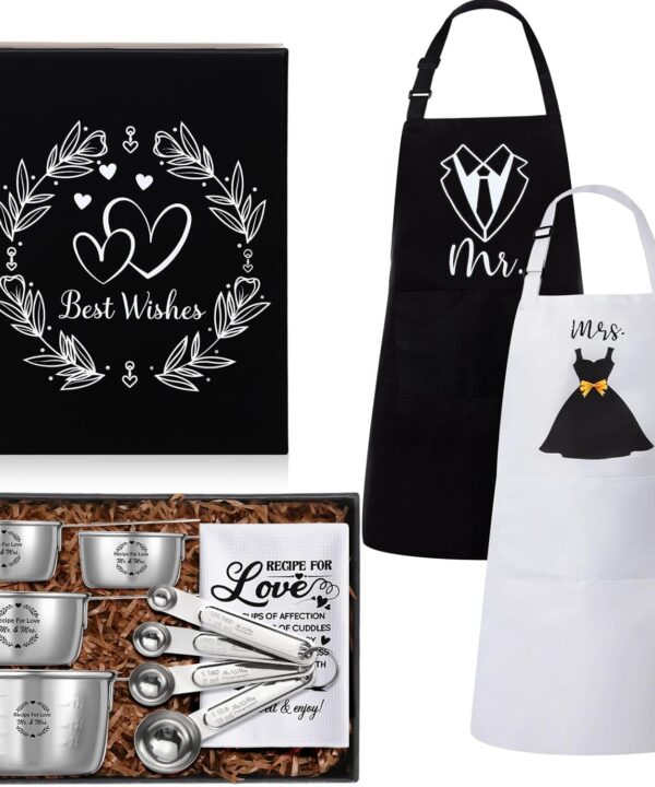 12 Pcs Couple Wedding Gifts 2025 Bridal Shower, Wedding, Couple Engagement Gifts, Mr and Mrs Gifts, Kitchen Cooking Gift Box Sets with Measuring Cup and Spoon Set, Apron, Waffle Dish Towel