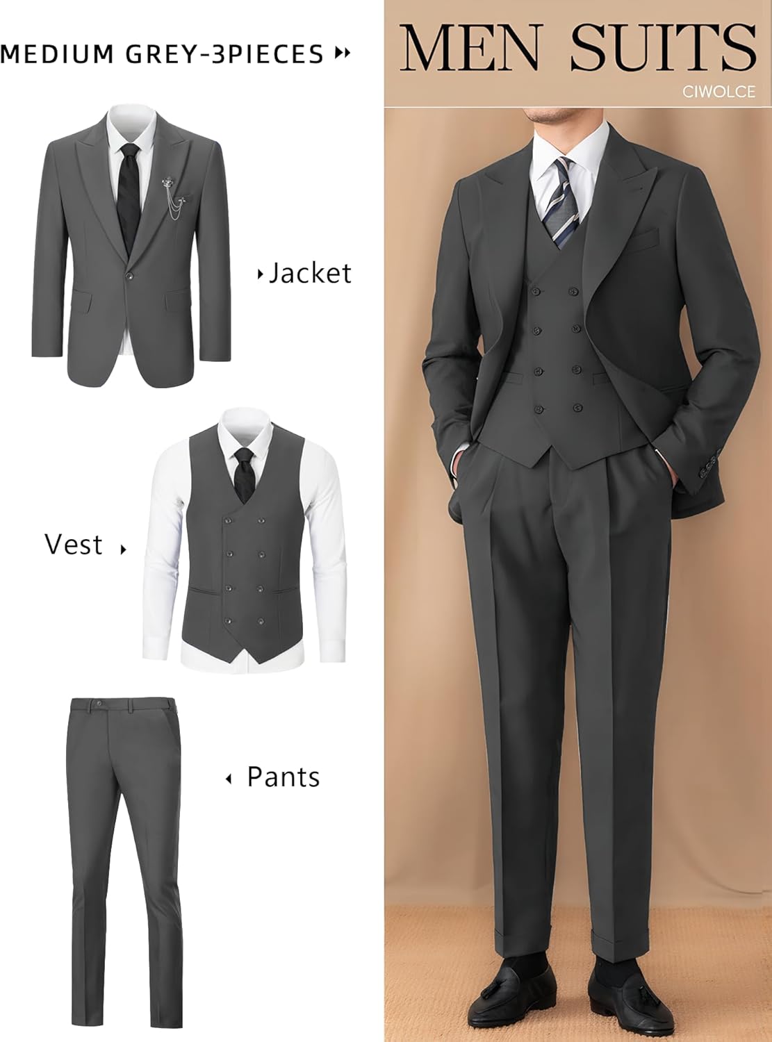 Suit for Men Wedding Slim Fit 3 Piece Set Blazer Jacket Vest Pants Tuxedo Suits for Groomsmen Business Prom Party Sport Coat