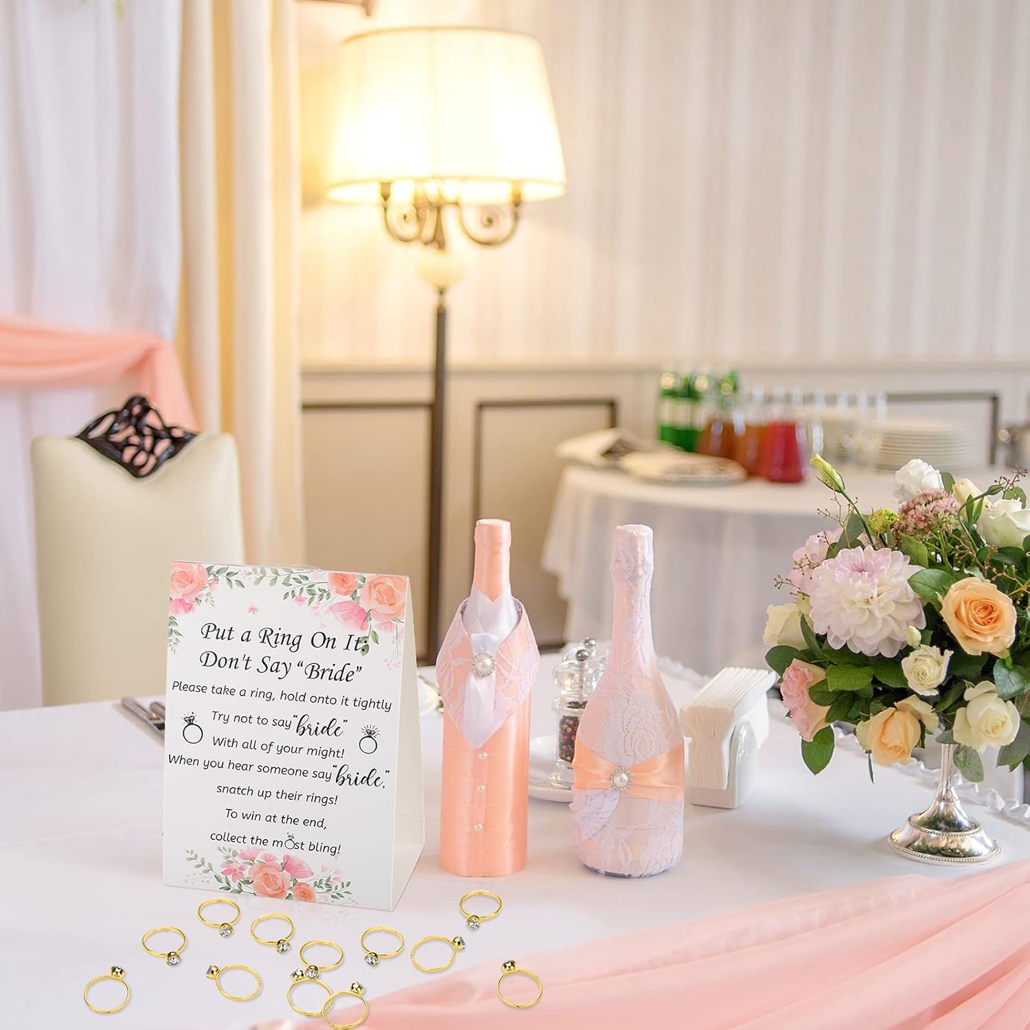 Woanger Put a Ring on It Bridal Shower Game with 50 Fake Rings, Rustic Greenery Theme Wedding Shower Games Wedding and Engagement Rings and Not Say Bride Rules Cards(Bright Flowers,Gold)