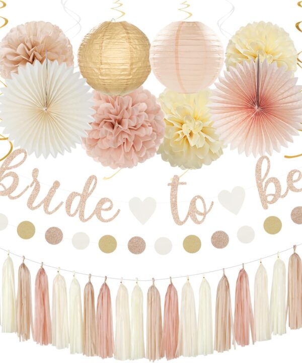 Champagne-Gold Beige Fall Bridal-Shower Party-Decorations - 36pcs Bride To Be Banner,Bachelorette Paper Lanterns,Wedding Streamers Garland,Boho Peach Tissue Pom Poms Flower Fan Decor Supplies Burgleda