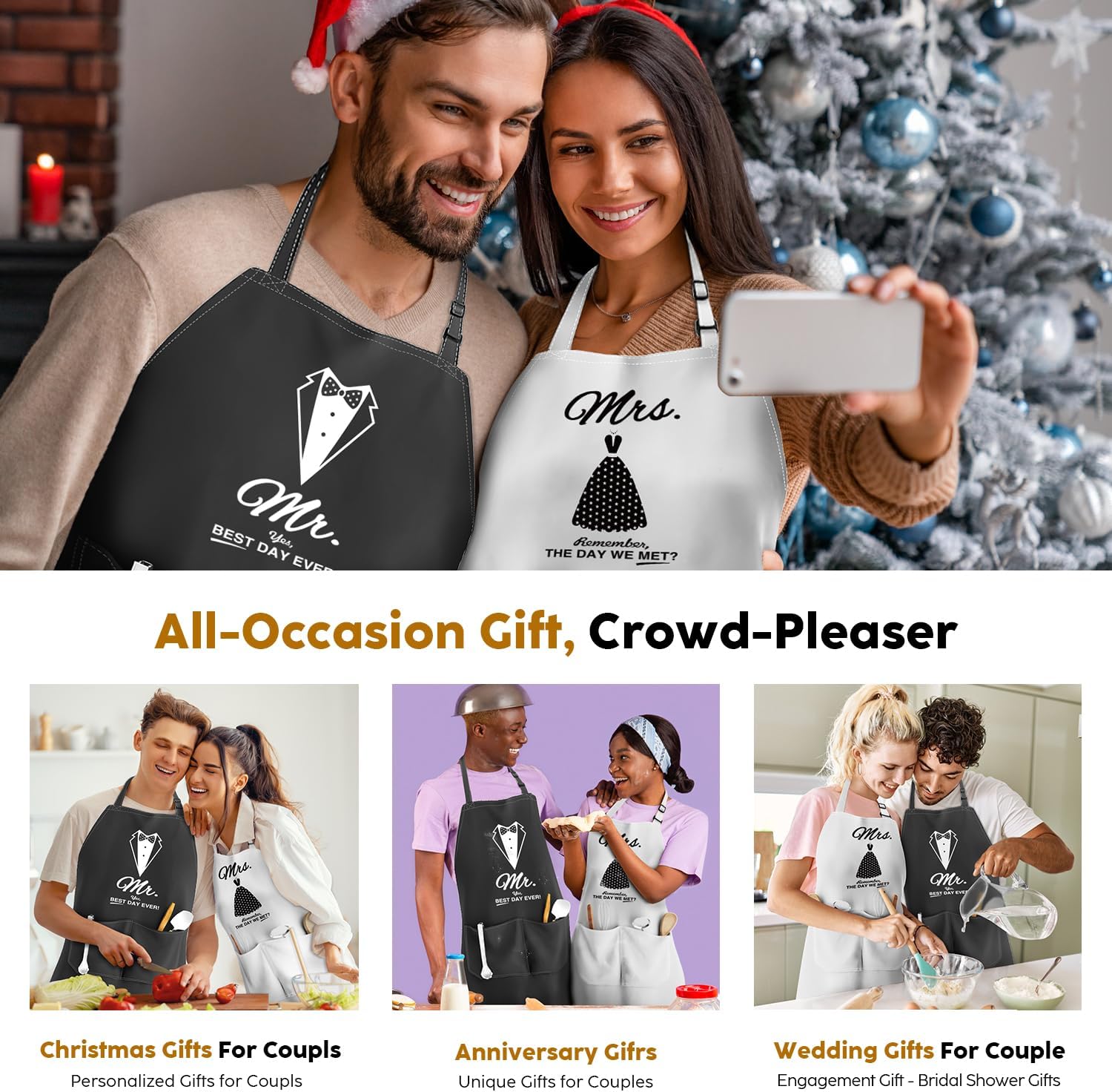 Couples Apron Set – Wedding Engagement Gifts for Couples, Funny Kitchen Gifts for Couples, Bridal Shower Gifts, Christmas