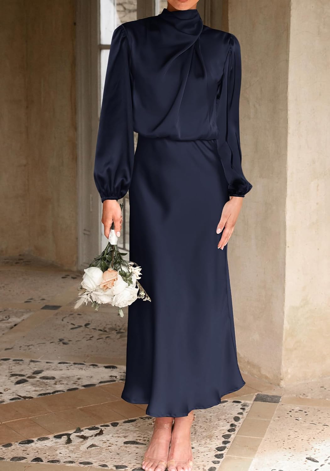 BTFBM Womens Mock Neck Satin Dress Summer Fall 2025 Long Sleeve Lightweight Formal Wedding Party Maxi Cocktail Dresses