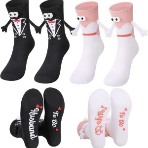 Jspupifip 2 Pairs Bride and Groom Socks, Wedding Socks with Magnetic Hands, Novelty Engagement Gift