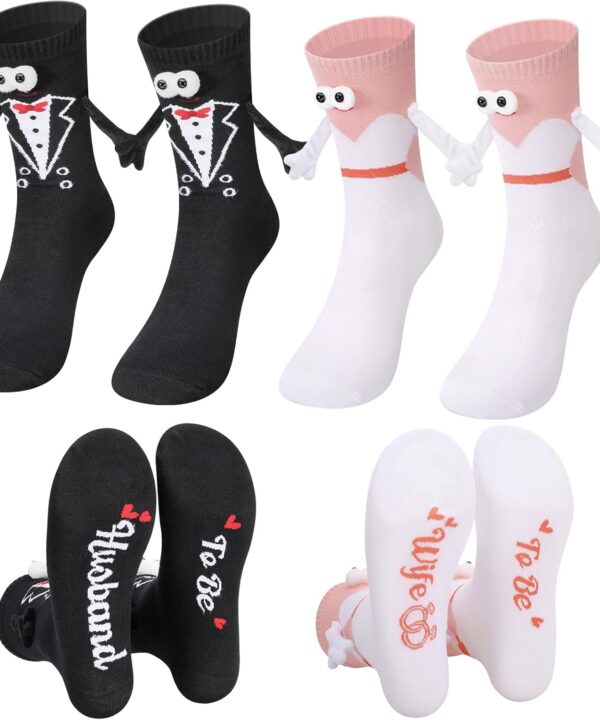 Jspupifip 2 Pairs Bride and Groom Socks, Wedding Socks with Magnetic Hands, Novelty Engagement Gift