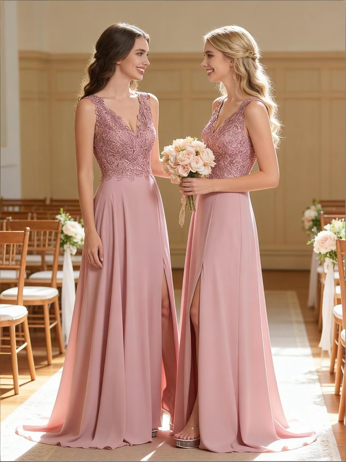 ForElise Womens Bridesmaid Dresses Long Chiffon Slit Semi Formal Dresses V-Neck Backless A-Line Evening Gowns for Wedding