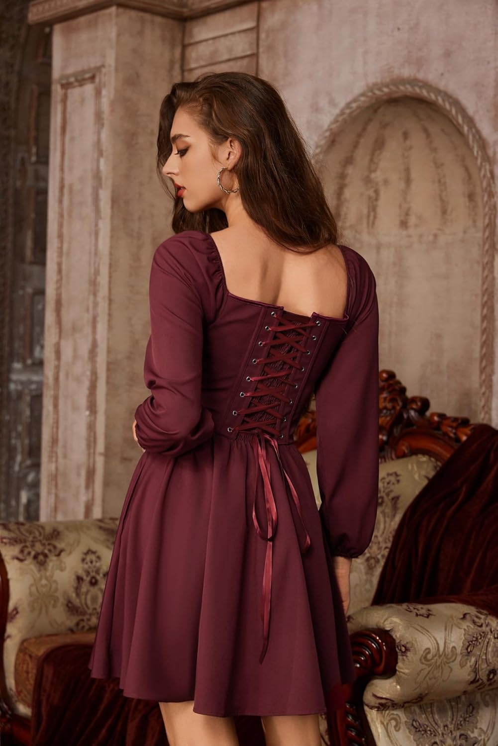 Scarlet Darkness Fall Long Sleeve Mini Dress Fishbone Renaissance Corset Dress