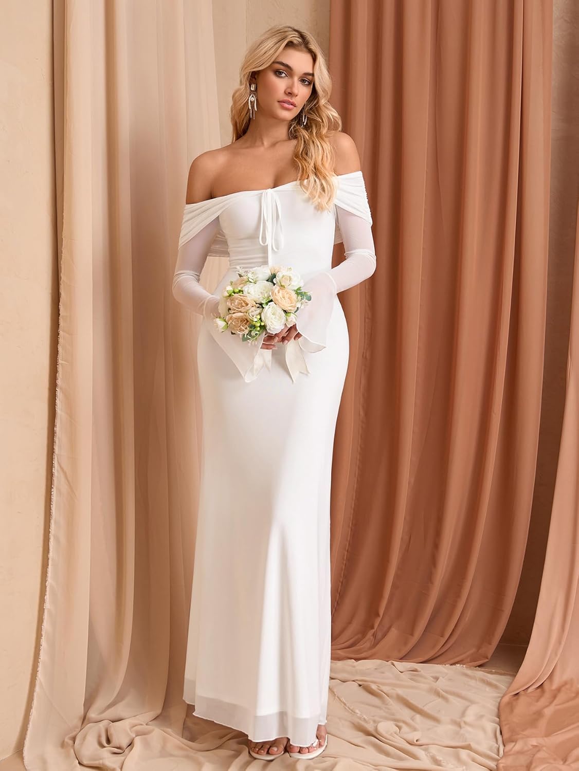 KUTUMAI Elegant Off Shoulder Long Sleeve Maxi Dress Bodycon Tie Formal Wedding Guest Dresses for Women 2025 Fall