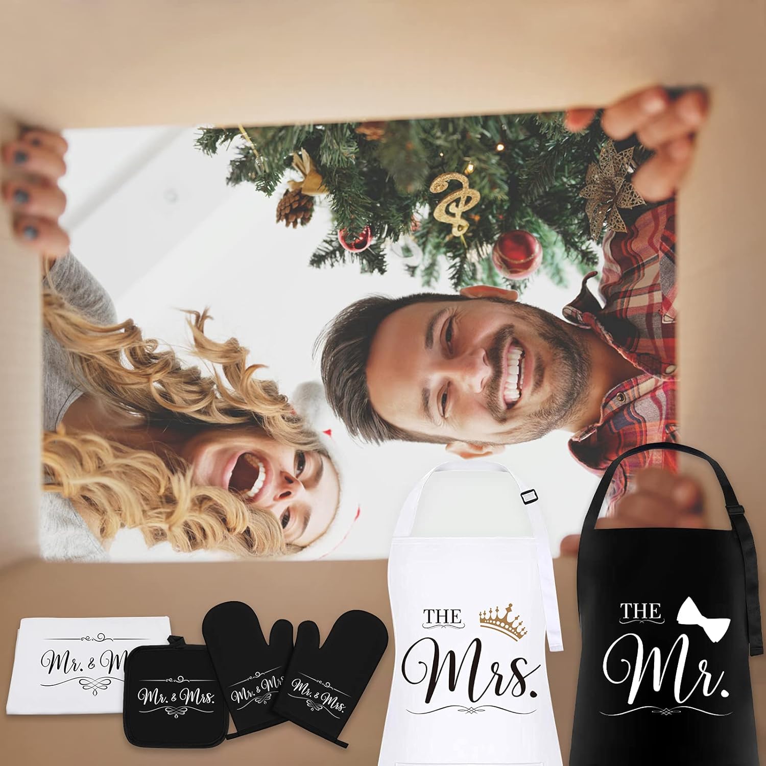 Mr & Mrs Aprons for Couples Valentines Day Gifts Basket – Wedding, Bridal Shower, Engagement Gift for Couple, His and Her Present with Dish Towel, Oven Mitts & Pot Holder, 6 Pack Kitchen Apron Set