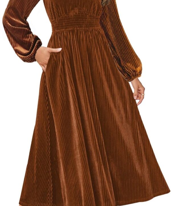 ZESICA Women's Velvet Midi Dress 2025 Casual V Neck Long Sleeve Solid Color Elastic High Waist Flowy Evening Party Dresses