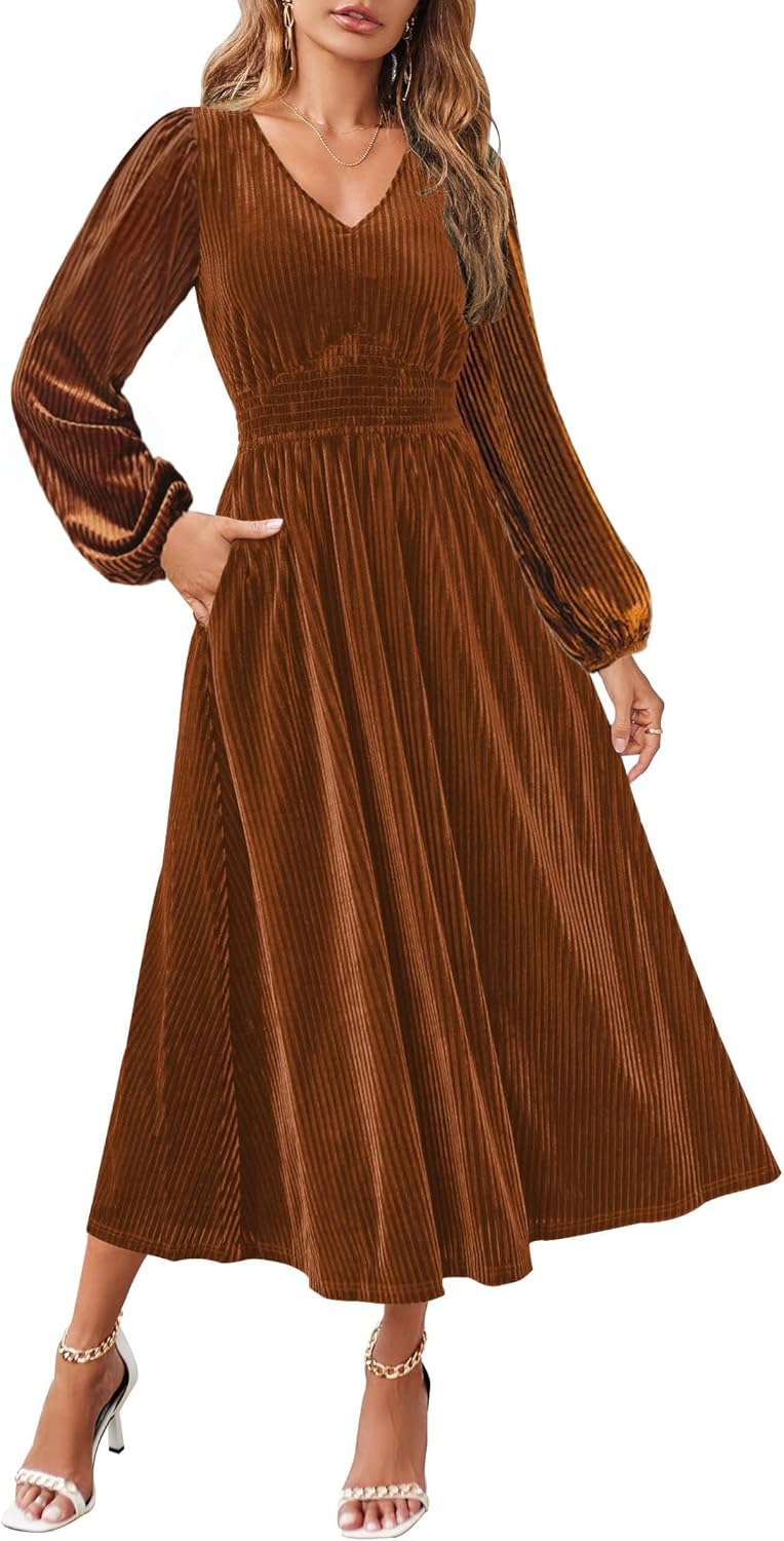 ZESICA Women's Velvet Midi Dress 2025 Casual V Neck Long Sleeve Solid Color Elastic High Waist Flowy Evening Party Dresses