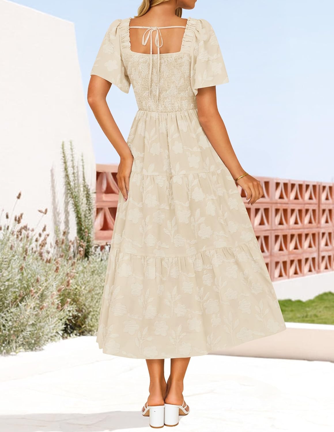 ZESICA Womens Summer Boho Floral Midi Dress 2025 Casual Short Sleeve Square Neck Flowy Beach Vacation Long Dress