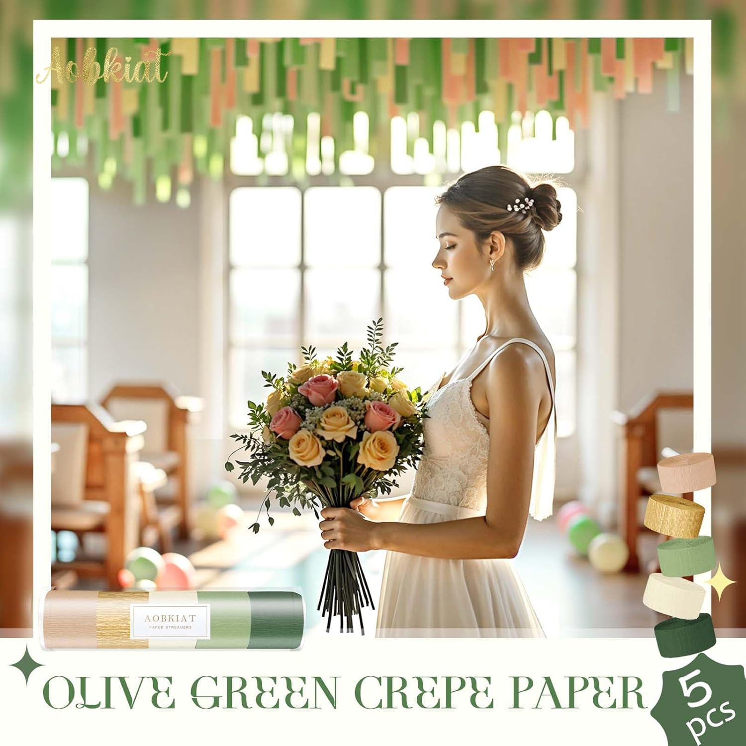AOBKIAT Wedding Party Decorations, 5 Rolls Olive Green Khaki Crepe Paper Streamers for Green Boho Wedding, Birthday, Bridal/Baby Shower