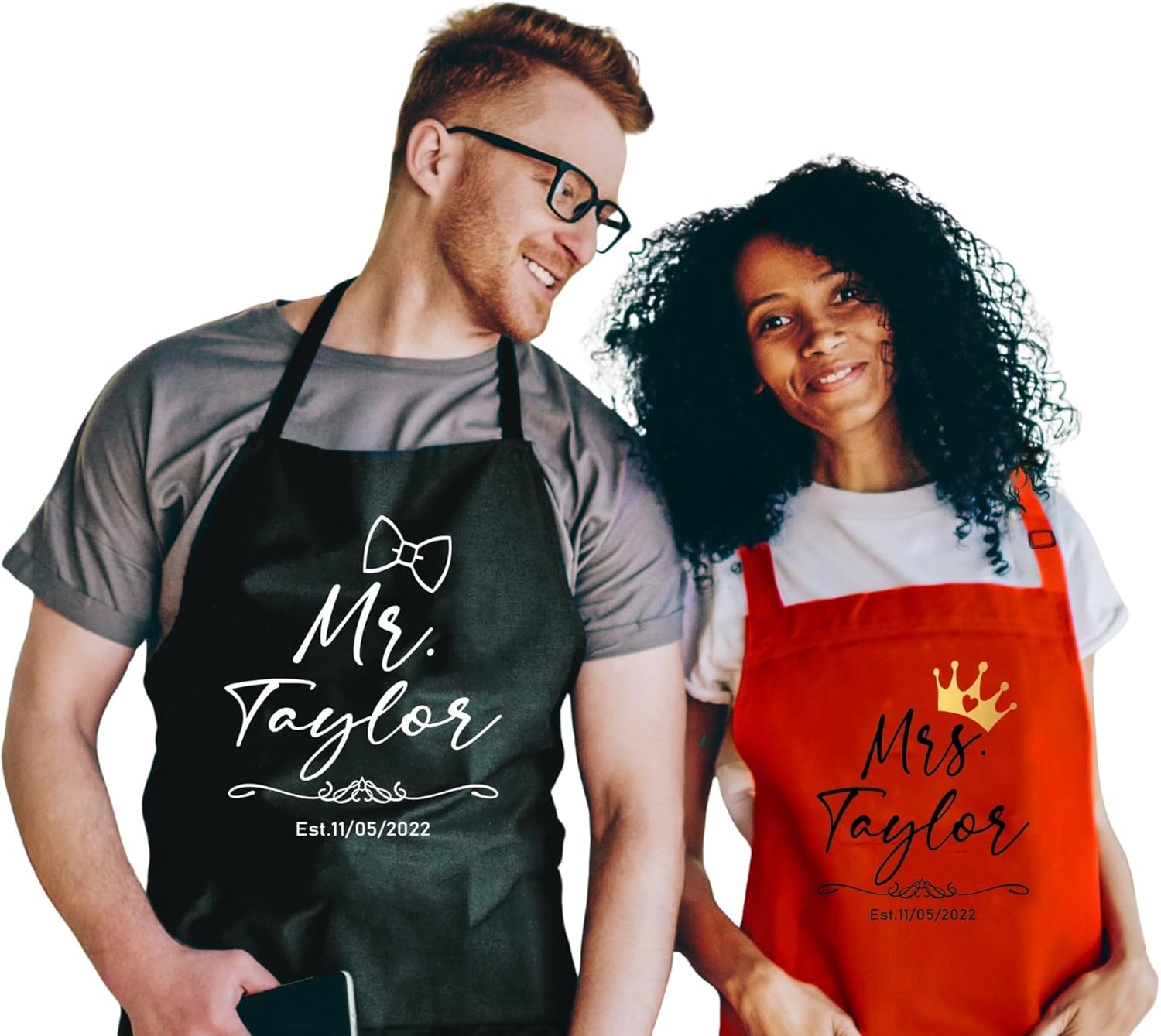 Mr. & Mrs. Custom Name Aprons – Personalized Couples Aprons with Date, Matching Cooking Aprons for Wedding, Engagement, Anniversary, Bridal Shower Gifts, Valentine’s Day Kitchen Gift for Him and Her