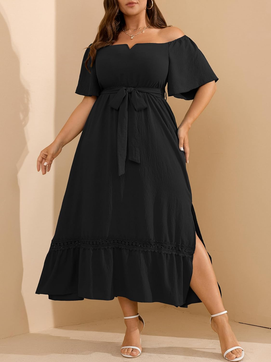 RWJ Womens Plus Size Dress for Cocktail Wedding Guest Formal V Neck Off The Shoulder Maxi Dress with Belt