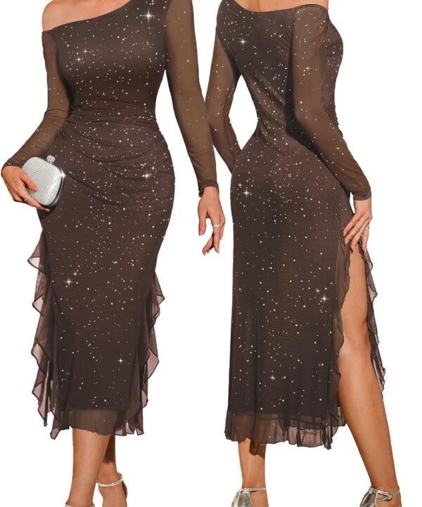 DRESSTELLS Women‘s Long Sleeve One Shoulder Formal Wedding Guest Cocktail Holiday Party Mesh Sparkly Sequin Dress